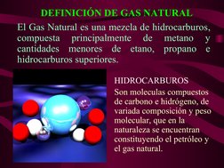DEFINICIÓN DE GAS NATURAL
HIDROCARBUROS
Son moleculas compuestos 
de carbono e hidrógeno, de 
variada composición y peso 
mol