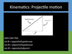 Kinematics: Projectile motion
SOH-CAH-TOA
sin Ɵ = opposite/hypotenuse
cos Ɵ = adjacent/hypotenuse
tan Ɵ = opposite/adjacent
