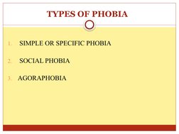 TYPES OF PHOBIA  
1.
 SIMPLE OR SPECIFIC PHOBIA 
2.
 SOCIAL PHOBIA 
3.
AGORAPHOBIA 
