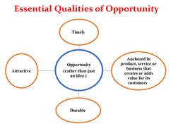 Essential Qualities of Opportunity
Opportunity
(rather than just 
an idea ) 
Timely 
Anchored in 
product, service or 
busine