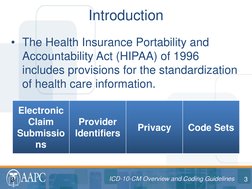 3 ICD-10-CM Overview and Coding Guidelines 
ICD-10-CM Overview and Coding Guidelines 
• The Health Insurance Portability and