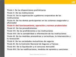 Tópicos Avanzados de Actuaría I
3
Título I: De las disposiciones preliminares 
Título II: De las insti tuciones 
Título III: