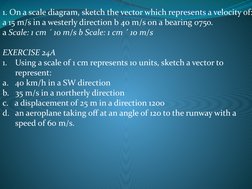 1. On a scale diagram, sketch the vector which represents a velocity of:
a 15 m/s in a westerly direction b 40 m/s on a beari