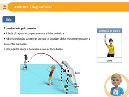 ANDEBOL | Regulamento
Golo
É considerado golo quando:
• A bola ultrapassa completamente a linha de baliza.
• Há uma violação