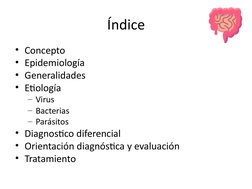 Índice
• Concepto
• Epidemiología
• Generalidades
• Etiología
– Virus
– Bacterias
– Parásitos
• Diagnostico diferencial
• Ori