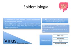 Epidemiología
En promedio los niños menores a 3 años experimentan  
de 1 a 3 episodios por año.
En el 2000, fue la cuarta cau