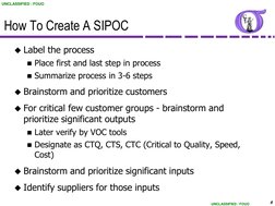 UNCLASSIFIED / FOUO
UNCLASSIFIED / FOUO
88
How To Create A SIPOC
Label the process
Place first and last step in process
Su