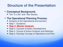 Structure of the Presentation
Conceptual Background.
The “5 x Ws” and “War Stories.
The Operational Planning Process.
Ana