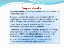 Enzyme Kinetics 
•Enzyme kinetics is the study of the chemical reactions that are 
catalysed by enzymes. 
•In enzyme kinetics
