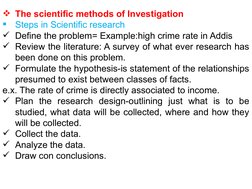 The scientific methods of Investigation 

Steps in Scientific research 
Define the problem= Example:high crime rate in Add