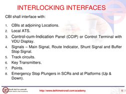 CBI shall interface with:
1.
CBIs at adjoining Locations.
2.
Local ATS.
3.
Control-cum-Indication Panel (CCIP) or Control Ter