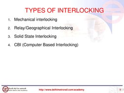 1.
Mechanical interlocking
2.
Relay/Geographical Interlocking
3.
Solid State Interlocking
4.
CBI (Computer Based Interlocking