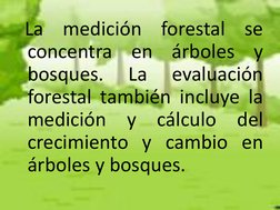 La medición forestal se 
concentra en árboles y 
bosques. 
La 
evaluación 
forestal también incluye la 
medición y cálculo