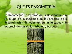 QUE ES DASOMETRÍA 
La Dasometría es la rama de la Dasonomía que 
se ocupa de la medición de los árboles, de la 
determinación