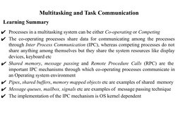 Learning Summary
✔Processes in a multitasking system can be either Co-operating or Competing
✔The co-operating processes shar