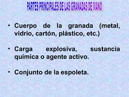 • Cuerpo de la granada (metal, 
vidrio, cartón, plástico, etc.)
• Carga 
explosiva, 
sustancia 
química o agente activo.