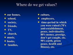Where do we get values?
Where do we get values?
our homes,
our homes,
  school,
school,
  society,
society,
  friends,
fr