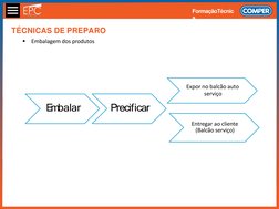 FormaçãoTécnic
a

Embalagem dos produtos
Embalar
Precificar
Expor no balcão auto 
serviço
Entregar ao cliente 
(Balcão servi