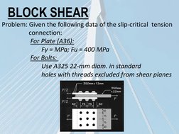 BLOCK SHEAR
Problem: Given the following data of the slip-critical  tension 
connection:
For Plate (A36):
Fy = MPa; Fu = 400