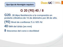Que tipo de Hormigón requiero 
G 20 (90) 40 / 8
G20. 20 Mpa Resistencia a la compresión en 
probeta cilíndrica de 15 de diáme