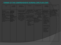 FORMAT OF THE COMPREHENSIVE NURSING CARE PLAN (CNP)
CUES
NURSING
DIAGNOSIS
SCIENTIFIC  
EXPLANATION
PLANNING
IMPLEMENTATION
S