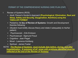 FORMAT OF THE COMPREHENSIVE NURSING CARE PLAN (CNP)
7.
Review of Systems (ROS)
§ Adult: Person's Gordon's Approach [Psycholog