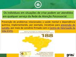 Os indivíduos em situações de crise podem ser atendidos
em qualquer serviço da Rede de Atenção Psicossocial.
Prevenção de pro