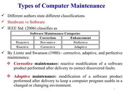 Types of Computer Maintenance
Different authors state different classifications
Hardware vs Software
IEEE Std. (2006) clas