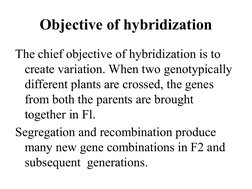 Objective of hybridization
The chief objective of hybridization is to 
create variation. When two genotypically 
different pl