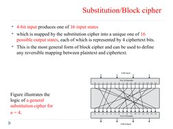 Substitution/Block cipher
4-bit input produces one of 16 input states
which is mapped by the substitution cipher into a uni