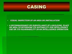     VISUAL INSPECTION OF AN AREA OR INSTALLATION
VISUAL INSPECTION OF AN AREA OR INSTALLATION
A RECONNAISSANCE OR SURVEILLA