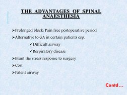 THE  ADVANTAGES  OF  SPINAL  
ANAESTHESIA  
 
Prolonged block: Pain free postoperative period 
Alternative to GA in certain