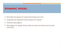 DYNAMIC MODEL

Describes the aspects of a system that change over time.

It specifies and implement control aspects of a sy