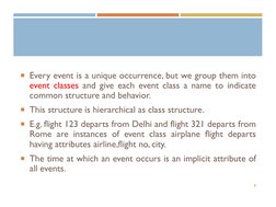 Every event is a unique occurrence, but we group them into
event classes and give each event class a name to indicate
common