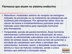 Fármacos que atuam no sistema endócrino 
Raloxifeno: modulador seletivo do receptor de estrógeno. 
Indicado na prevenção ou