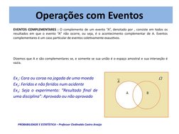 Operações com Eventos
EVENTOS COMPLEMENTARES : O complemento de um evento “A”, denotado por , consiste em todos os 
resultado