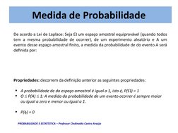 Medida de Probabilidade
De acordo a Lei de Laplace: Seja  um espaço amostral equiprovável (quando todos 
tem a mesma probabi