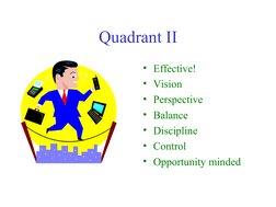  
 
Quadrant II
• Effective!
• Vision
• Perspective
• Balance
• Discipline
• Control
• Opportunity minded
