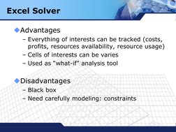LOGO
Advantages
– Everything of interests can be tracked (costs, 
profits, resources availability, resource usage)
– Cells o