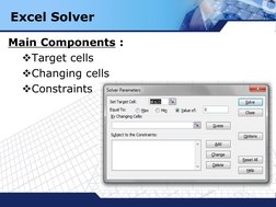 LOGO
Main Components :
Target cells
Changing cells
Constraints
Excel Solver
