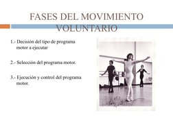FASES DEL MOVIMIENTO 
VOLUNTARIO
1.- Decisión del tipo de programa 
motor a ejecutar
2.- Selección del programa motor.
3.- Ej