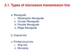 a. Waveguide
i. Rectangular Waveguide
ii. Circular Waveguide
iii. Flexible Waveguide
iv. Ridge Waveguide
b. Coaxial line
c. P