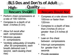 BLS Dos and Don’ts of Adult 
High-
Quality 
CPR
Rescuers Should
• Perform chest compressions at
a rate of 100-120/min.
• Comp