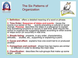 The Six Patterns of 
Organization
1. Definition:  offers a detailed meaning of a word or phrase.
2. Time Order: Sequence of d