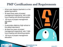 www.pmhouse.org
January 2013
PMP-in
A four-year degree (bachelor’s or the 
global equivalent) 
At least three years of proj