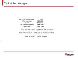 Typical Test Voltages
10
Winding resistance test:
Meg-ohm test:
PI test
DC Step Voltage test:
Surge test:
12 VDC
500 VDC
500