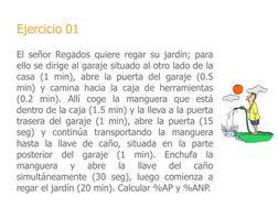 Ejercicio 01
El señor Regados quiere regar su jardín; para
ello se dirige al garaje situado al otro lado de la
casa (1 min),