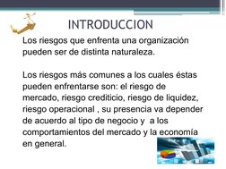 INTRODUCCION
Los riesgos que enfrenta una organización 
pueden ser de distinta naturaleza. 
  
Los riesgos más comunes a los