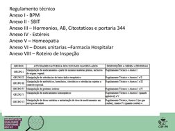 Regulamento técnico 
Anexo I - BPM 
Anexo II - SBIT 
Anexo III – Hormonios, AB, Citostaticos e portaria 344 
Anexo IV - Estér
