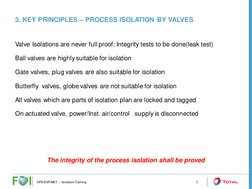 3. KEY PRINCIPLES – PROCESS ISOLATION BY VALVES
Valve Isolations are never full proof; Integrity tests to be done(leak test)
